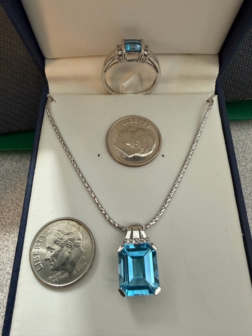 10K White Gold Blue Topaz Pendant Necklace and Ring Set